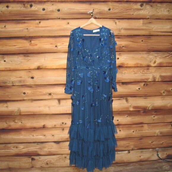 MAC DUGGAL 9256 Womens Mesh Long Sleeve V-Neck Tiered A Line Gown - Picture 6 of 15